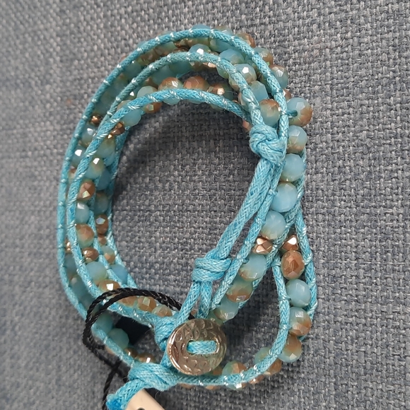 Aqua Gold Beaded Wrap Bracelet Adjustable Button Closure Boho Casual - Picture 2 of 4